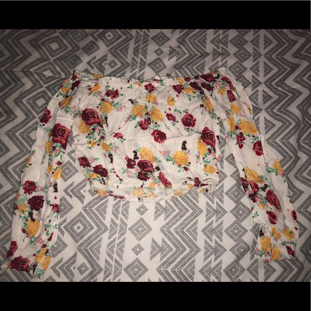Flowered, over the shoulder, long sleeve crop top